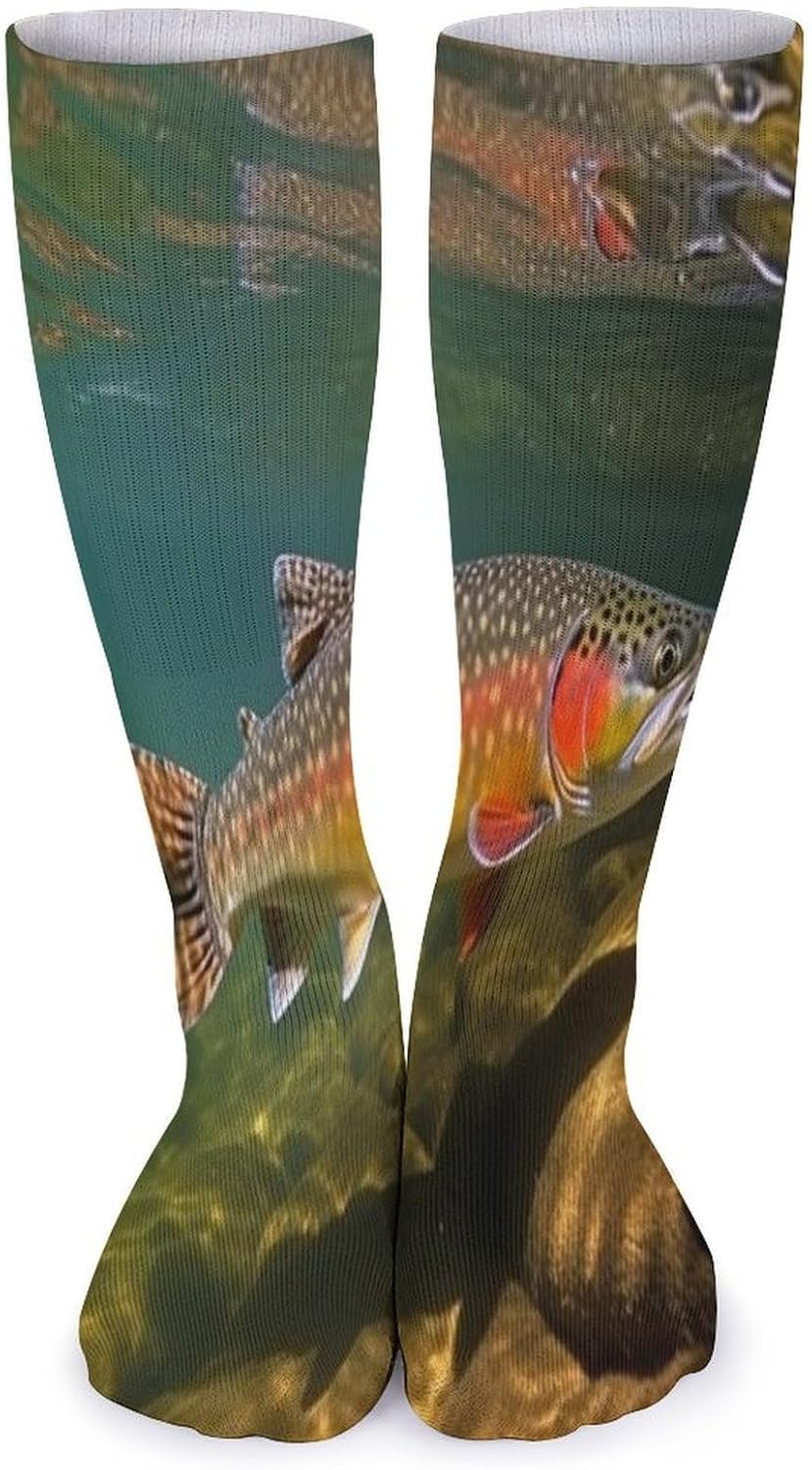 Brook Trout Fly Fishing Crew Socks Casual Breathable Calf Socks | Cushion Running Athletic Socks Long Performance Breathable Sports Socks for Women Men