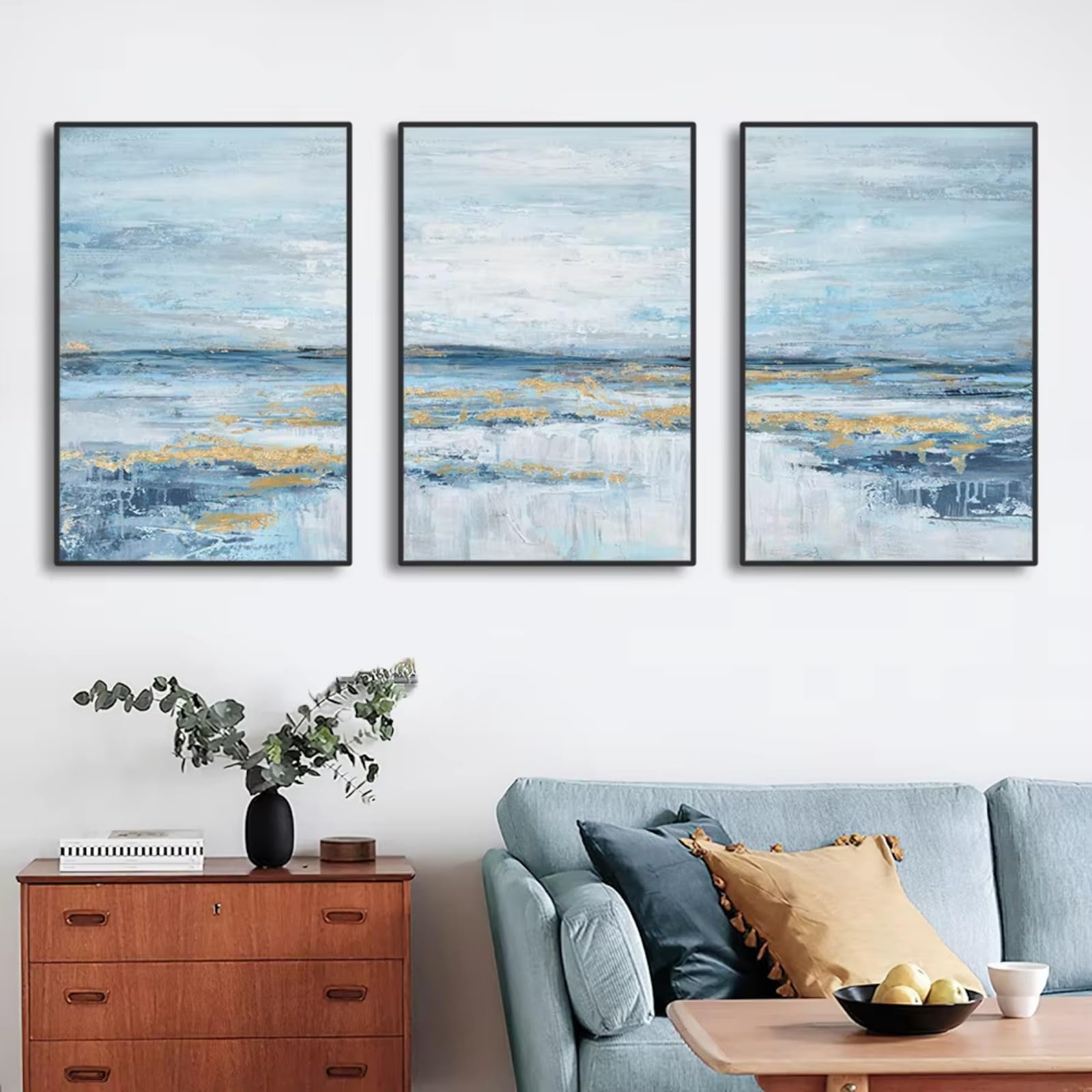 JORCEDI Blue Gold Abstract Ocean Canvas Wall Art Set of 3, Coastal Navy Beach Landscape Posters Prints, Modern Minimalist Living Room Bedroom Decor, 21x30-50x70cm, Unframed (50x70 cm,A)
