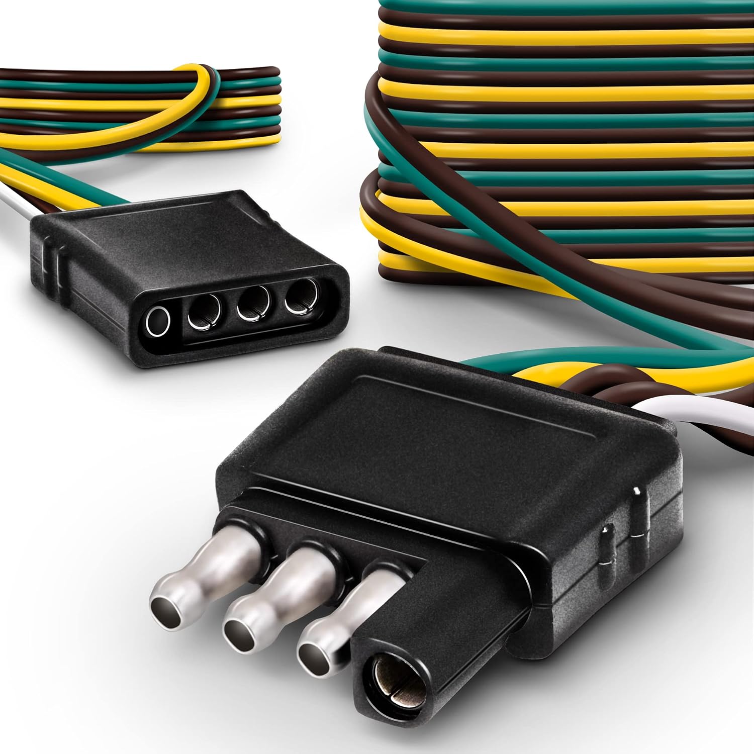 4 Pin Flat Trailer Light Wiring Harness Kit [Wishbone-Style] [SAE J1128 Rated] [25' Male & 4' Female] [18 AWG Color Coded Wires] 4 Way Flat 5 Wire Harness for Utility Boat Trailer Lights Kits