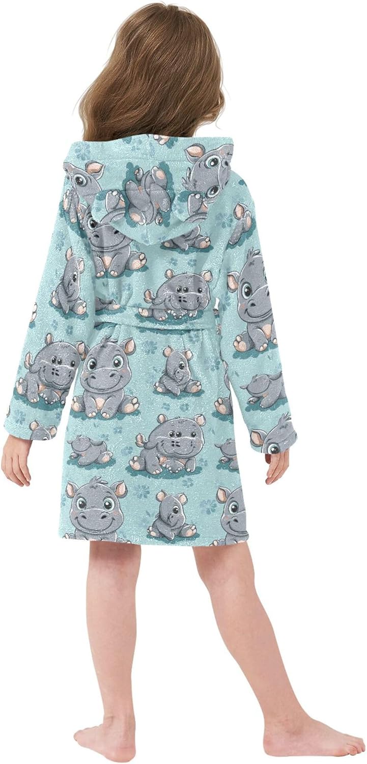 Cartoon Hippo Bathrobe Hooded PJ Robe Soft Fleece Robe Pajama Sleepwear 2-12 Years