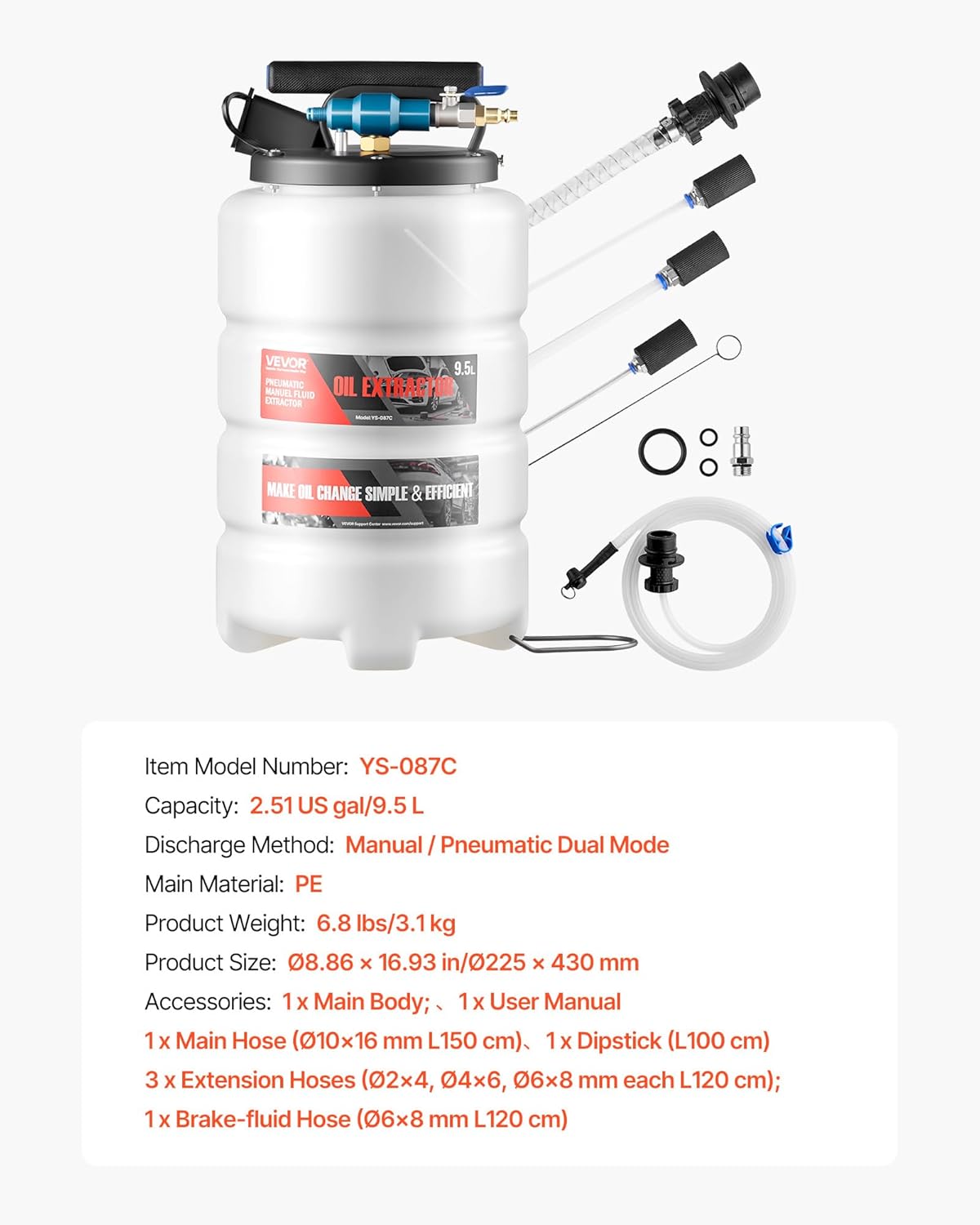 VEVOR Fluid Extractor, 9.5 L Capacity, Pneumatic/Manual Vacuum Oil Extractor Pump with 59 in Long Horse & Three 47 in Extension Tubes, Oil Change Pump with PE Tank for Cars, Lawn Mowers, Boats
