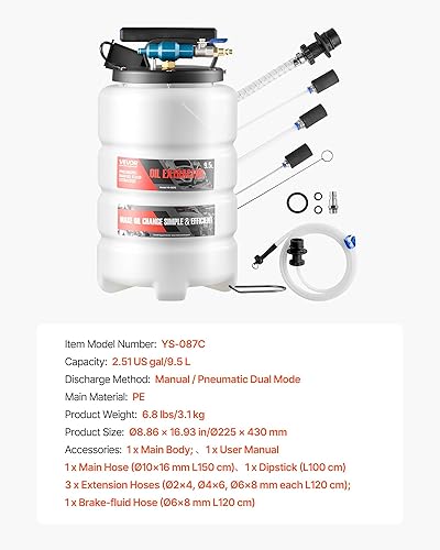 Miniatura 7 de VEVOR Extractor de fluidos, capacidad de 9.5 L, bomba extractora de aceite al vacío neumáticamanual con caballo largo de 59 pulgadas y tres tubos de