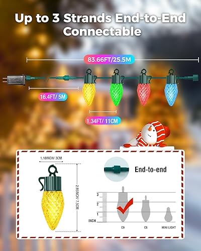 Miniatura 7 de litogo Luces de Navidad C9 para exteriores con control remoto, 84 pies, 50 luces LED RGB que cambian de color con temporizador, luces de hadas