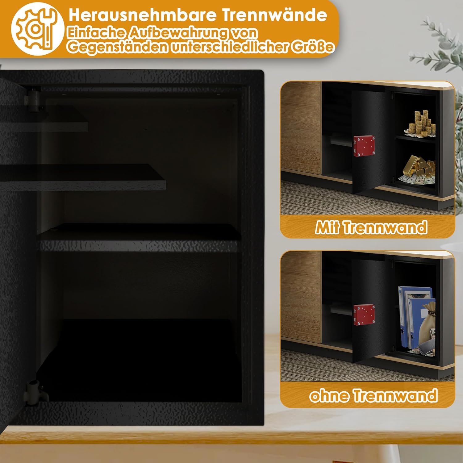 Tresor Safe Caja fuerte para muebles, caja fuerte para el suelo, caja fuerte de pared, XL, 35 x 50 x 31 cm, color negro | Con cerradura de doble barba, 2 llaves, incluye material de fijación