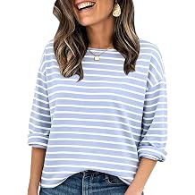 PEHMEA Womens Long Sleeve Striped T-Shirt Cotton Crewneck Top for Women Casual Loose Fit Shirts