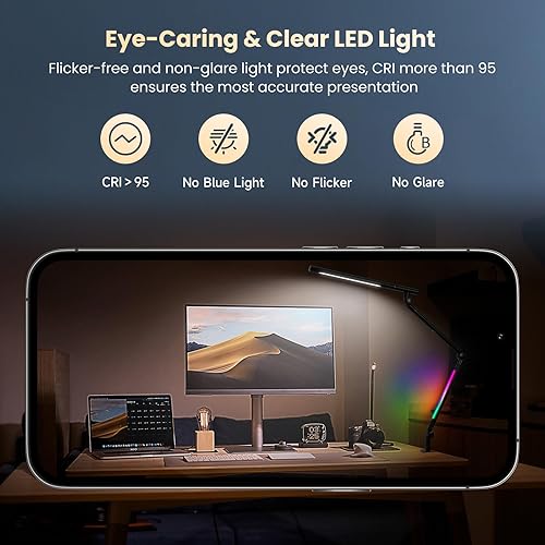 Miniatura 7 de Pak Lámpara de escritorio LED con abrazadera, luz de escritorio de arquitecto de doble luz de 18 W, interruptor de sensor de luz RGB con brazo