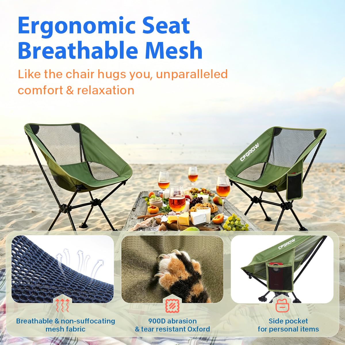 CFGROW Sedia da campeggio pieghevole, portatile, 150 kg, ultraleggera, piccola dimensione, pieghevole, con borsa per il trasporto, per picnic, pesca, giardino, escursioni, viaggi, zaino (verde)