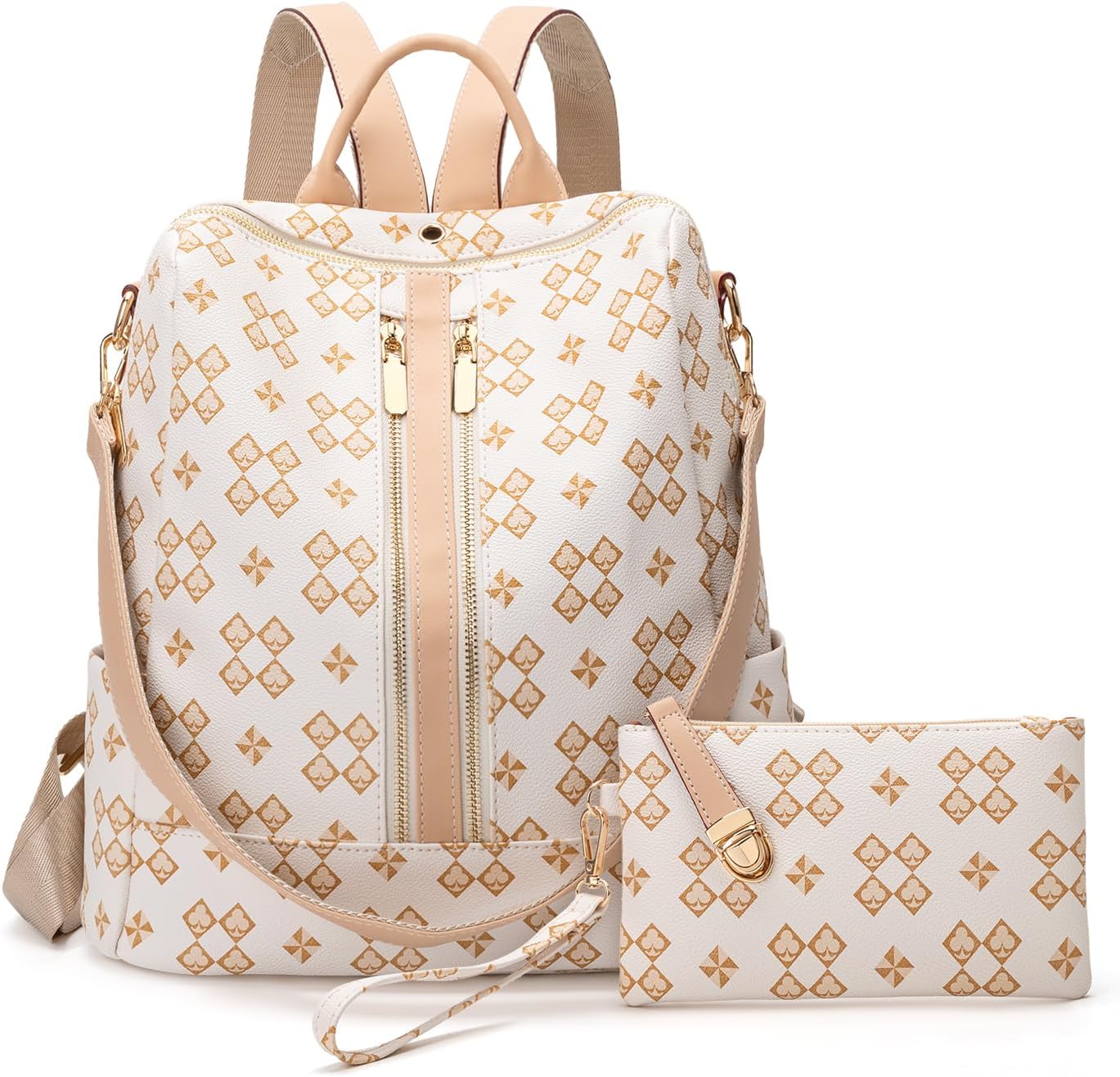 Fashion Backpack Purse for Women Designer Convertible Travel Backpack PVC Shoulder Bag with Wallet for Ladies 2psc beige (beige2)