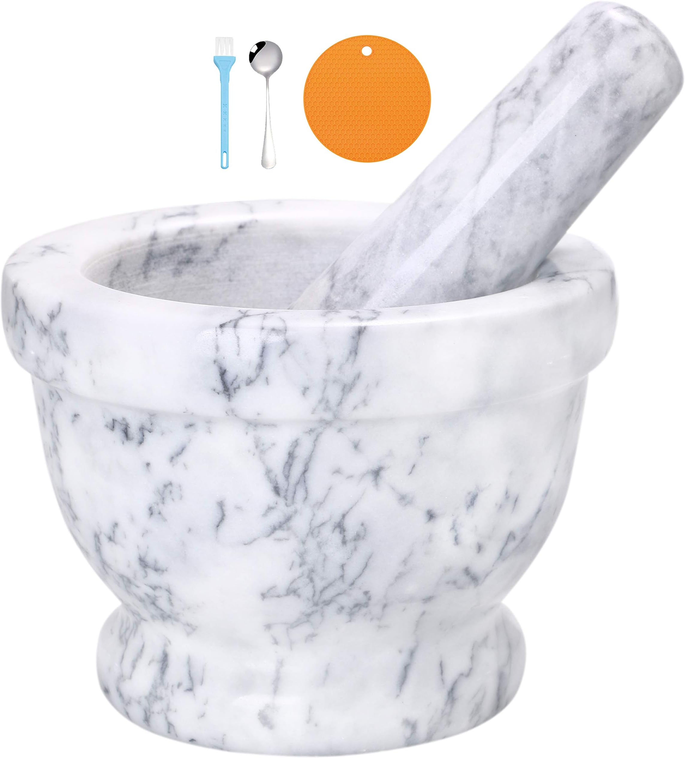 Mortar and Pestle Marble Set for Spices Pestos Seasonings Pastes Guacamole Herb Bowl 2Cup Easy to Clean Included:Silicone Mat,Brush,Stainless Steel Spoon(Large Trophy,White Gray)