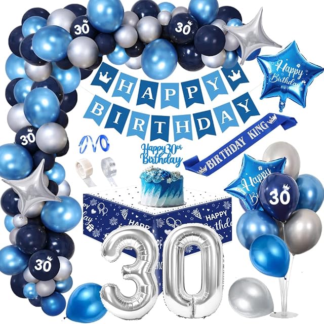 30th Birthday Party Decorations Men ,Royal Blue Balloon Arch Kit with Happy Birthday Banner,Cake Topper,Tablecloth,Foil Confetti Balloons,Large Number 30 Balloon,Noble Blue Silver Theme