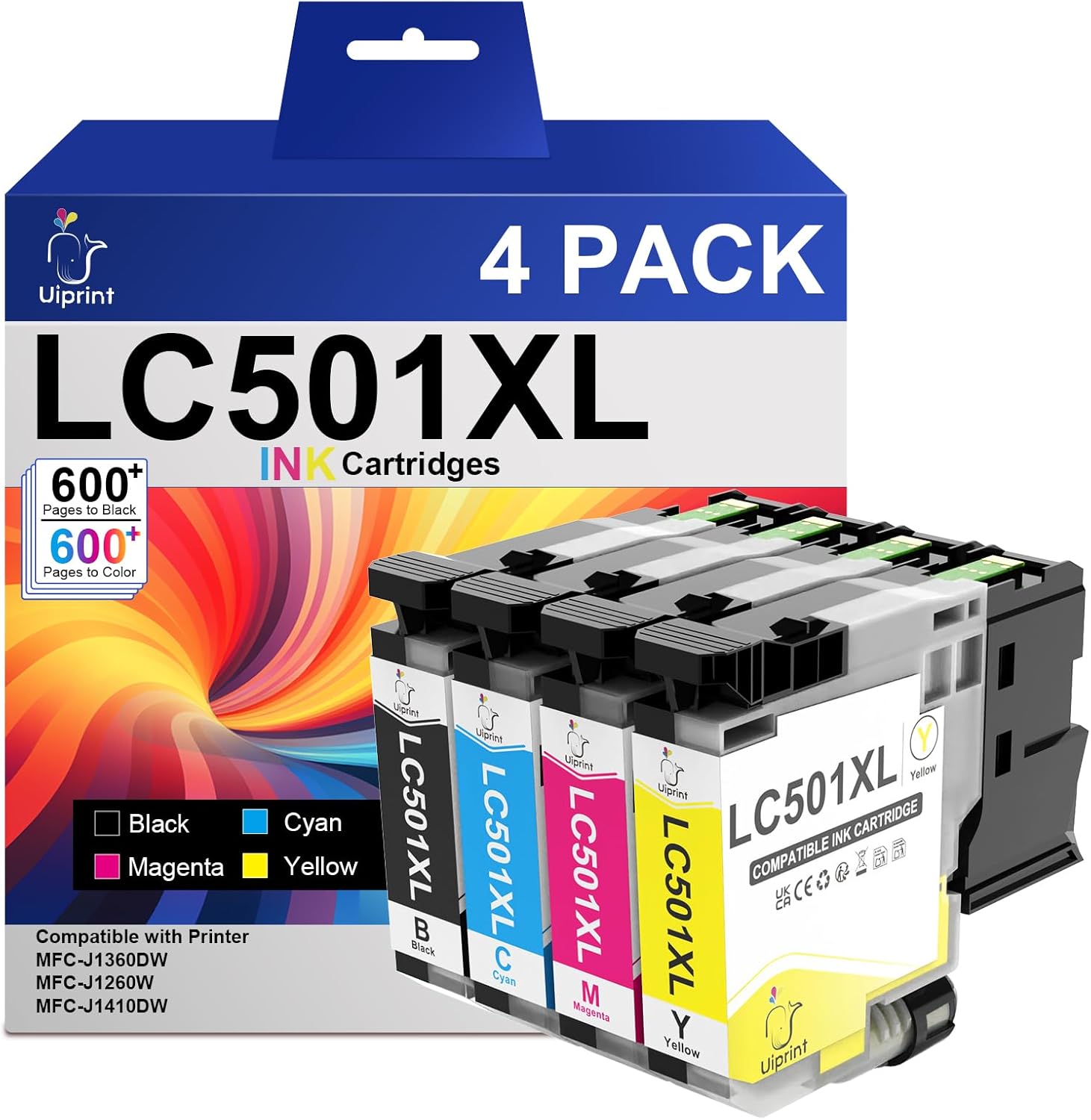 LC501XL High Yield Ink Cartridges Compatible with Brother LC501XL LC501 Series Inks for Brother Printer MFC-J1360DW MFC-J1410DW MFC-J1260W, LC501XL4PK Up to 2400 Pages (Black, Cyan, Magenta, Yellow)