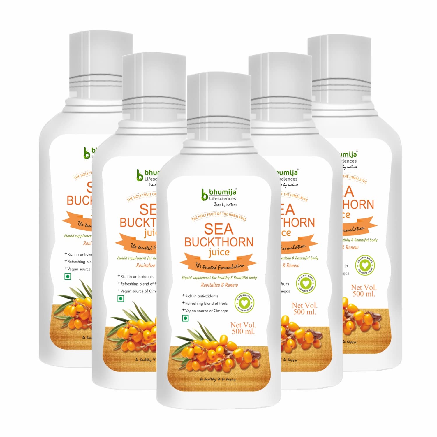 Bhumija Lifesciences Sea Buckthorne Extract Juice, 500 ml (Pack of 5) Immunity Booster & Natural Source of Vitamin A, B, C, E, K, Omega 3, 6, 7, 9 and Antioxidant | Skin Care & Body Detox (B075MDGH2Q) Amazon Price History, Amazon Price Tracker