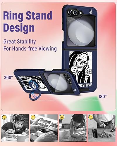 Miniatura 3 de Funda 2 en 1 para Samsung Galaxy Z Flip 5 con diseño de calavera para mujeres, niños y niños, divertido diseño gótico de esqueleto con soporte de