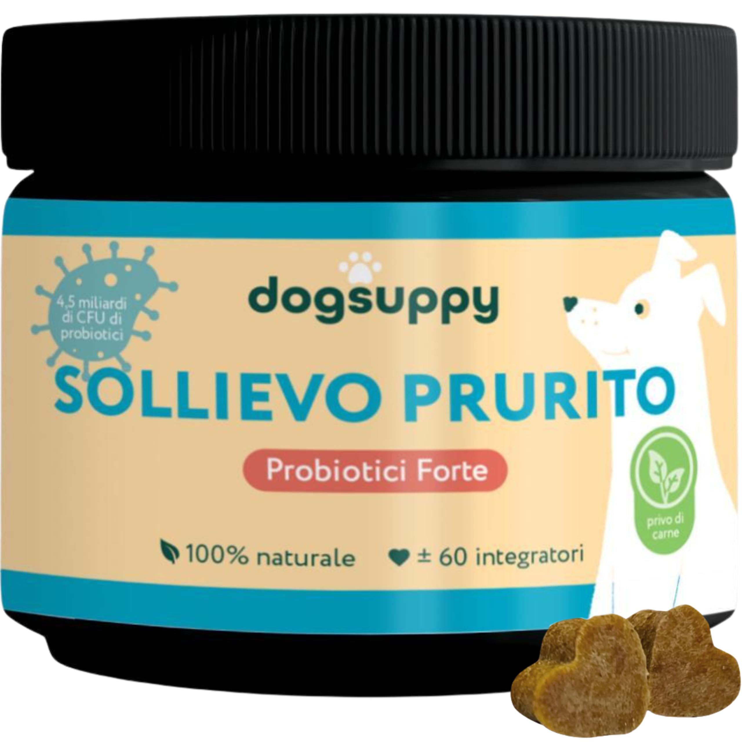DogSuppy Sollievo Prurito Probiotici Forte per Cani – Ferma Prurito, Grattamento, Leccamento delle Zampe e Mangiare l’Erba, Allevia Allergie e Lieviti, 100% Naturale, Sostiene Intestino e Immunità