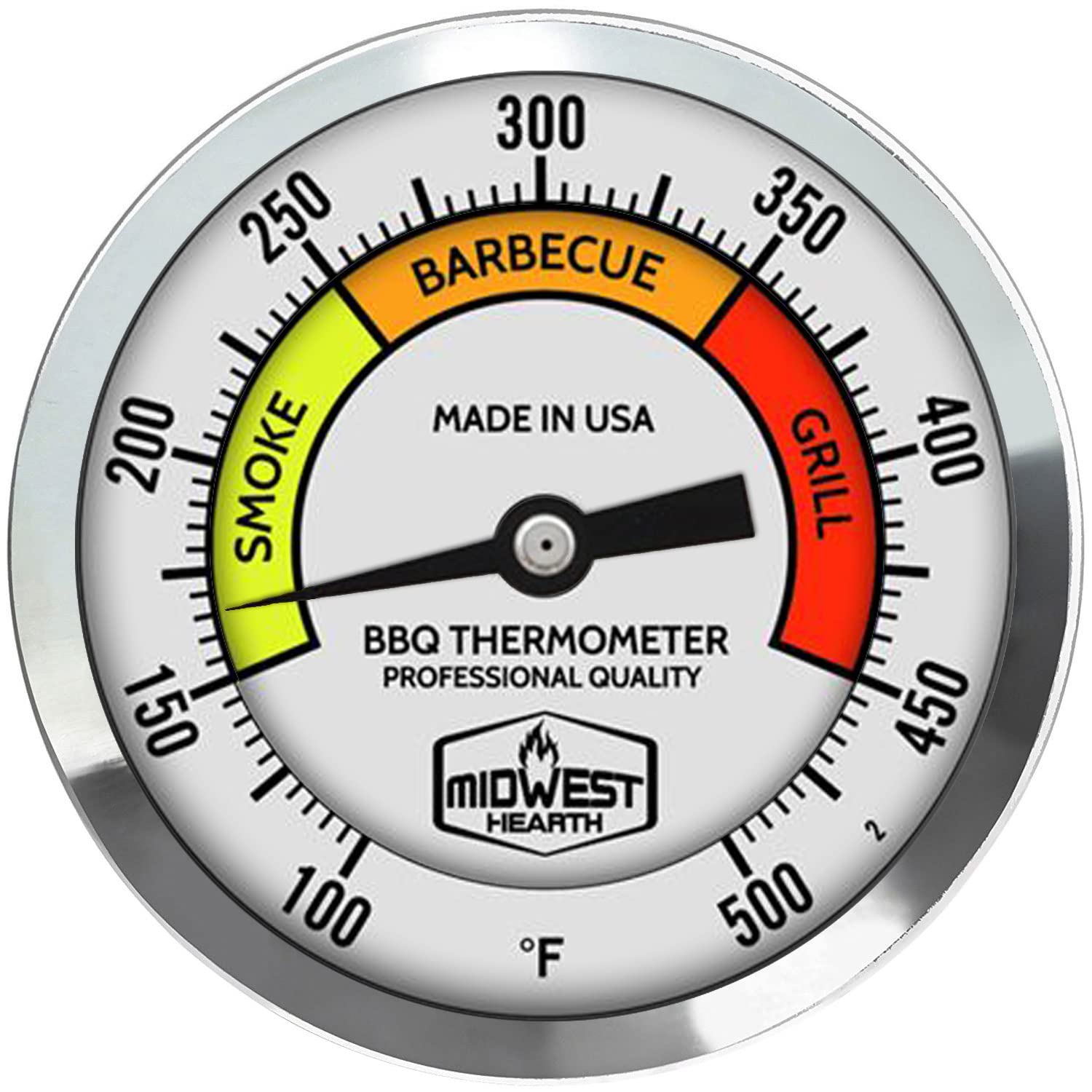 Midwest Hearth Deluxe BBQ Smoker Thermometer – 3" Dial, 4" Stem, Calibration Feature, Anti-Parallax Dial, ±1% Accuracy, 100–500°F, Made in USA