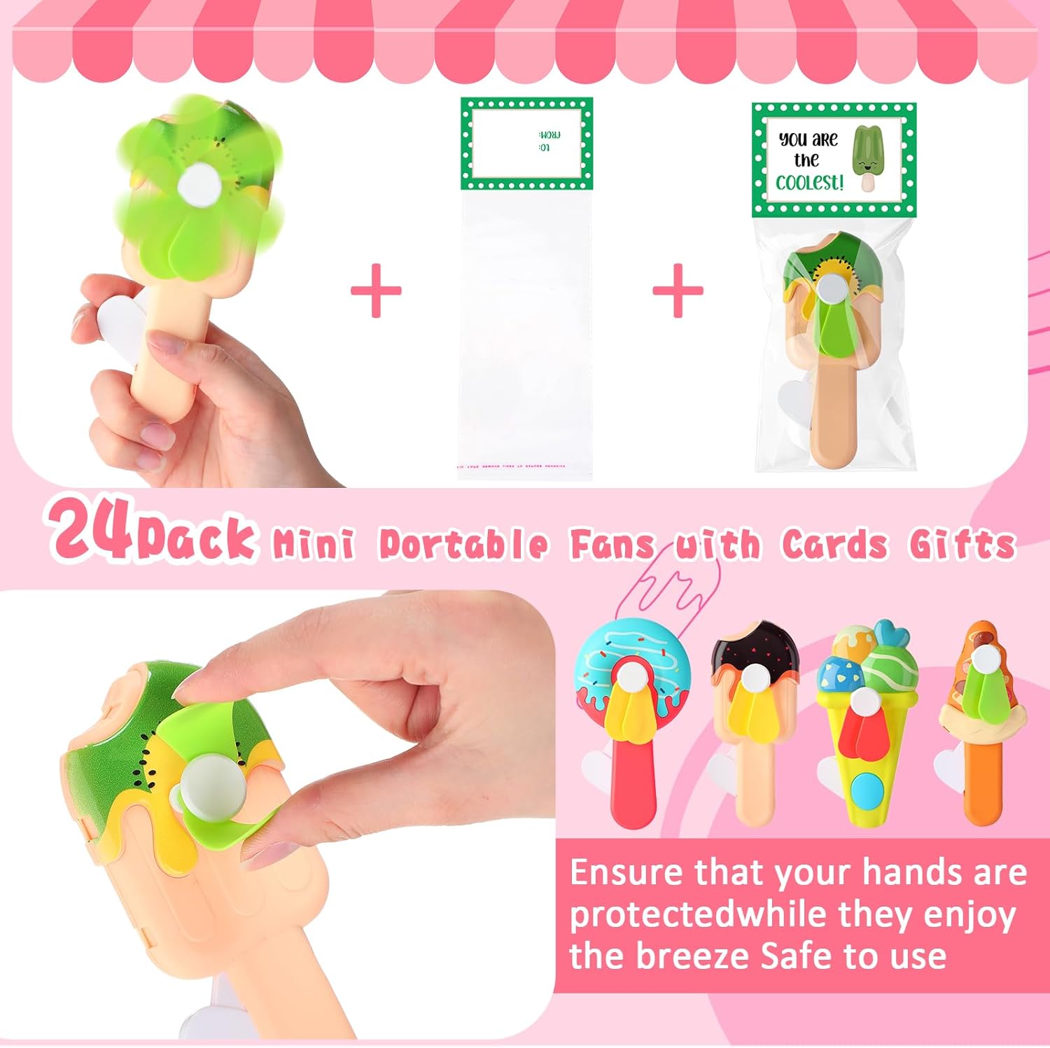 24 Pack Mini Portable Fans with Cards Gifts Cute Animal Fruit Ice Cream Handheld Press Cooling Fans for Summer Birthday Party End of the Year Pool Outdoor Activity Prize Exchange(Ice Cream)