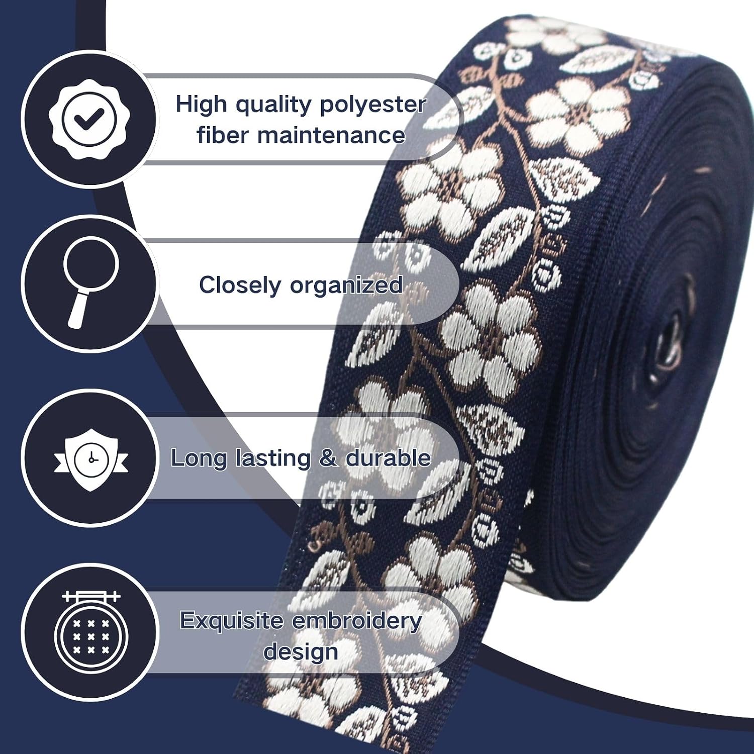 PEARLY JUN 9.5 Yards Navy Blue Jacquard Ribbon Trim for Wewing Embroidered Ribbon Fabric Trim for Decorative Curtain DIY Sewing Crafting Embellishments Clothing Home Decor Gift Wrapping