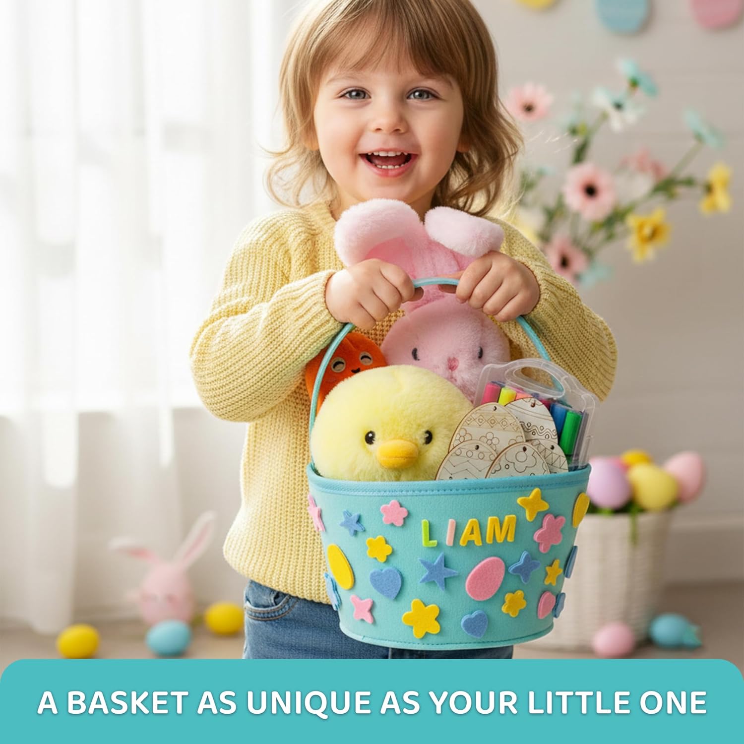 Dimple Kids DIY Easter Basket Craft Kit – Personalized Felt Basket with Plush Bunny Chick Carrot, Wooden Eggs, Erasable Markers & Foam Stickers, Gift Easter Fun that Lasts for Kids