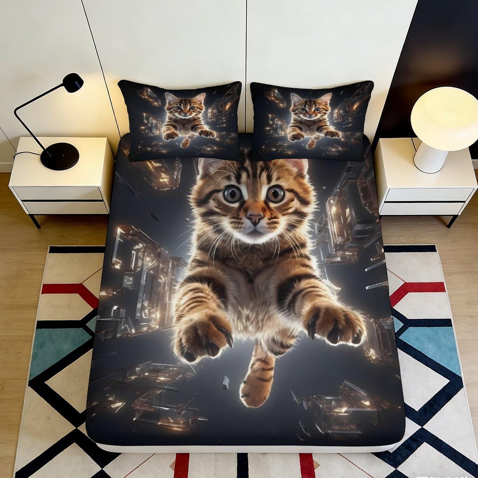 3D Printed Playful Cat Fitted Sheet Microfiber Soft Bedroom Decor Cartoon Animal Mattress Cover for Home Guest Room 90x200x25cm