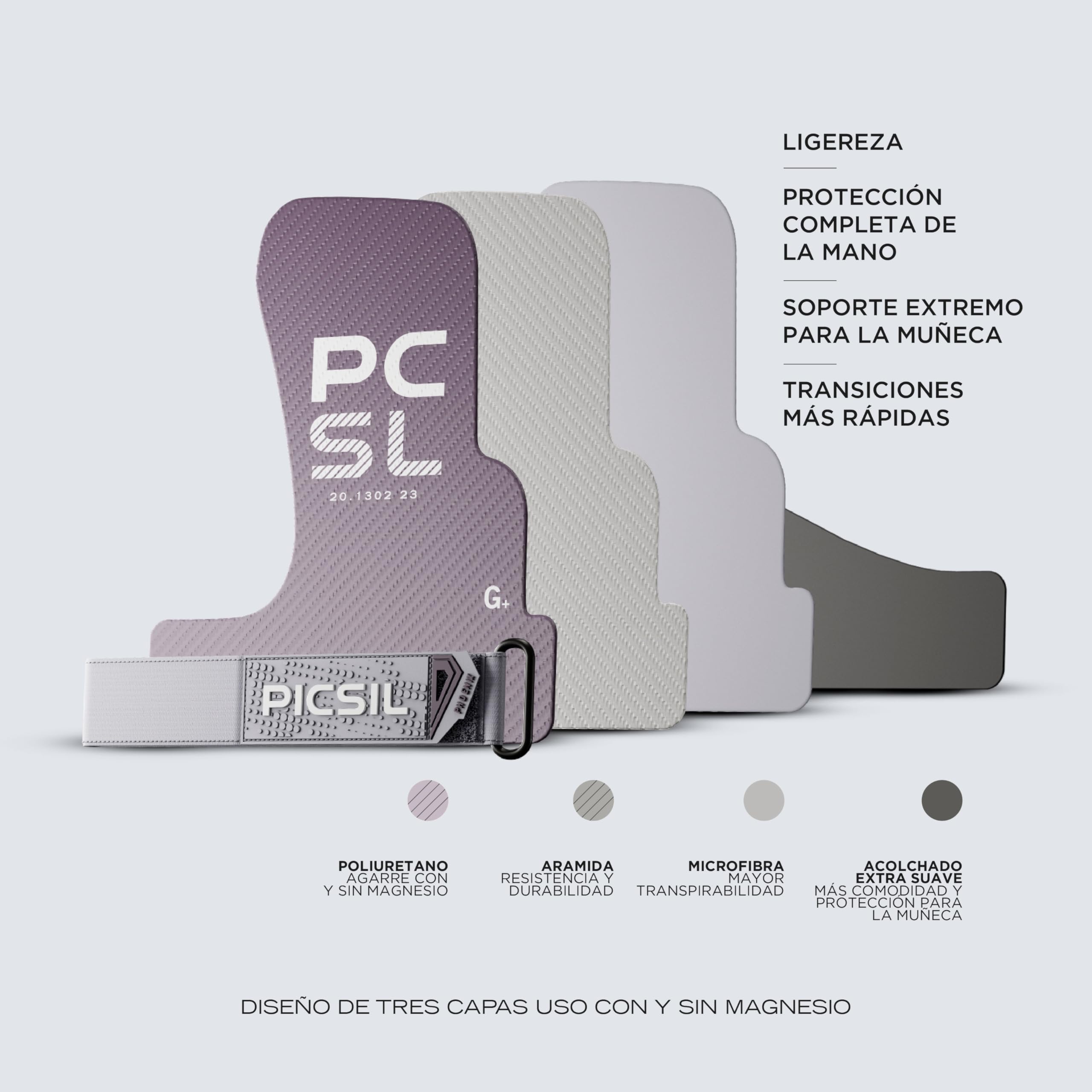 PICSIL Calleras Phoenix + Muñequeras + Bolsa, Uso Sin Magnesio, Agarre en Todas Superficies y Cualquier Tipo de Barra, Diseñadas para Todos los Atletas (Plum, G+)