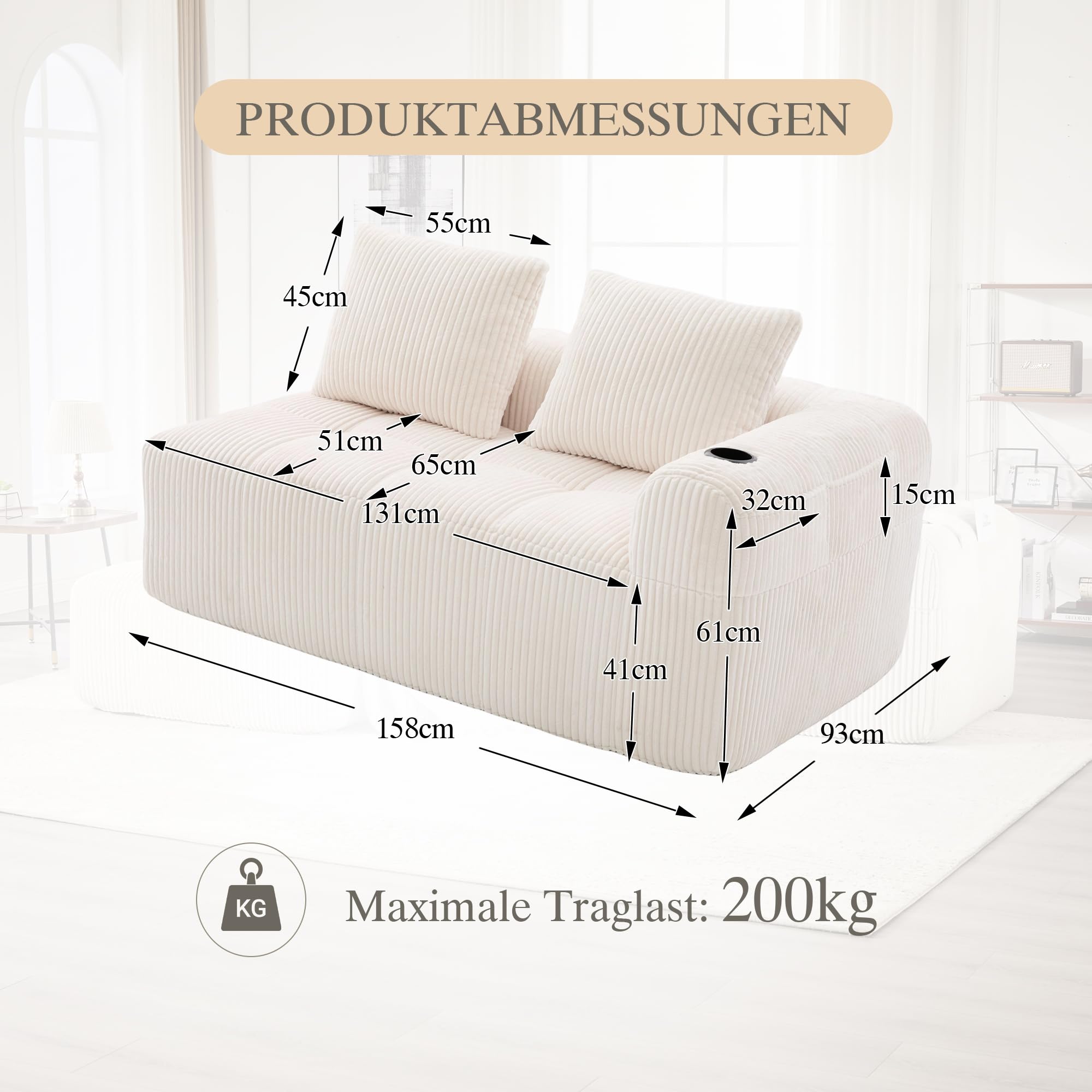 Zweisitzer Cord Sofa mit Getränkehalter & Seitentasche, Modulares Polstersofa inkl. 2 Kissen, Kompakte Stoffcouch für Wohnzimmer & Arbeitszimmer, Beige