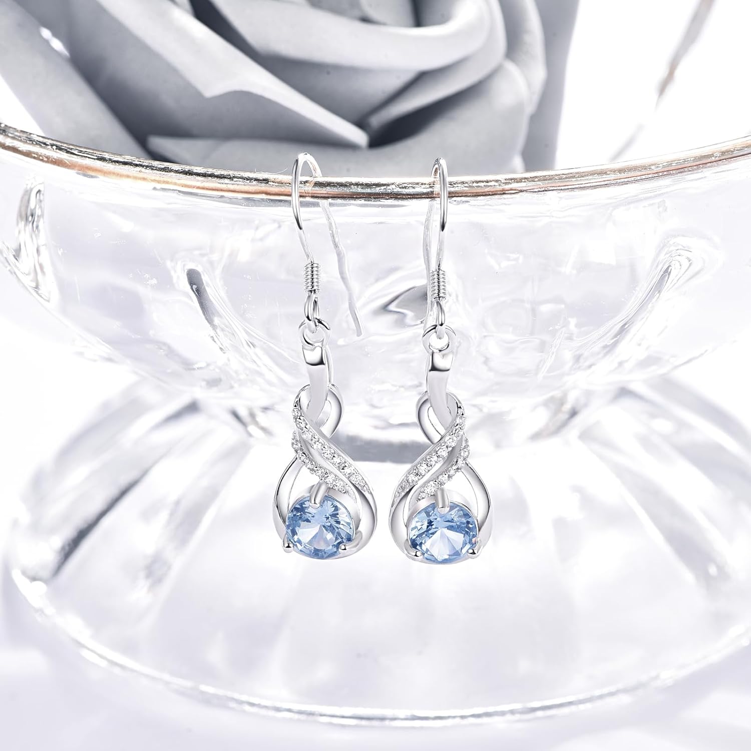 KINGWHYTE Infinity Earrings 925 Sterling Silver Infinity Created Earrings for Women Birthstone Dangle Earrings for Girls Birthday Anniversary Infinity Gifts