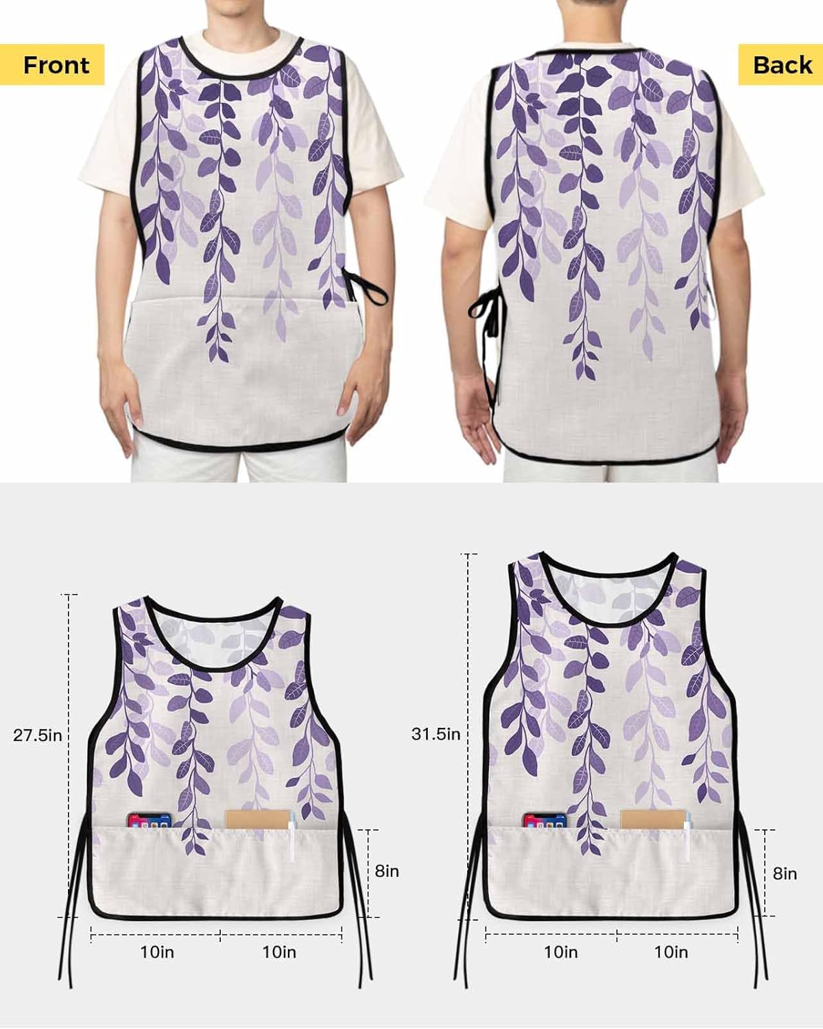 Double Love Blue Flower Cobbler Aprons with 2 Pockets for Women Men, Botanical Watercolor Floral Leaves Plant
