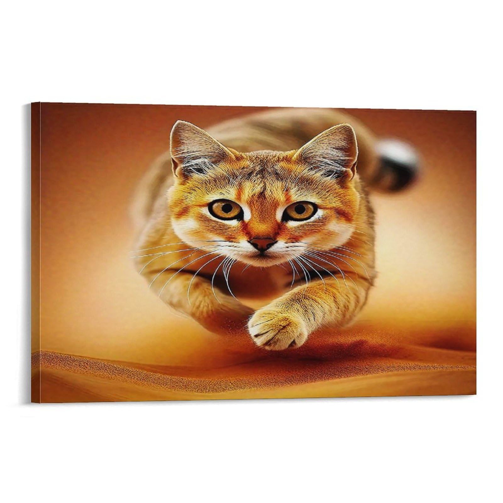 CPLVKWRQJ Snowy Scene with Kitten And Birds Single Ginger Tabby Cat Dashing Forward Warmly Toned Framed Canvas Wall Art - Kitchen Removable Wall Art Multi-Purpose Focal Point Decor 12x18inch(30x45cm)