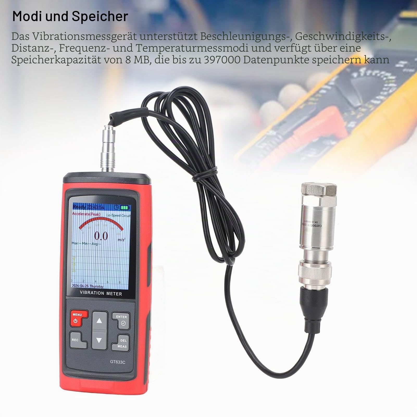 Schwingungsmessgerät, LCD-Farbdisplay Digitaler Schwingungsanalysator, Beschleunigung, Geschwindigkeit, Abstand, Frequenz, Temperatur, Prüfmodi Handheld-Vibrationsmessgerät