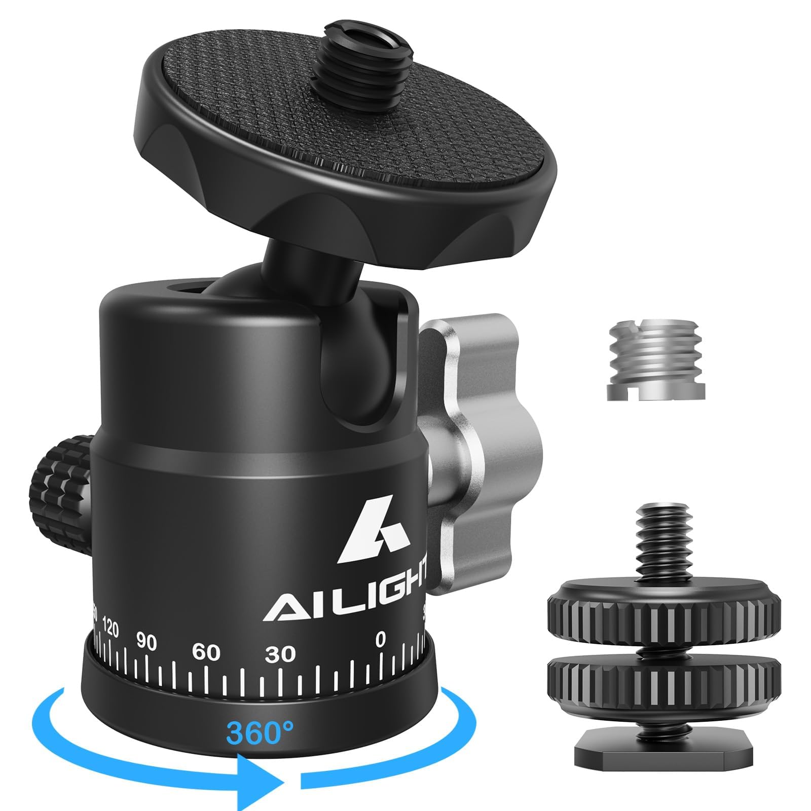 Ailight Mini Ball Head, 360° Panoramic Tripod Head, Universal 1/4" to 3/8" Screw Adapter Swivel Ball Head Tripod Mount, Dual Cold Shoe Mount for DSLR