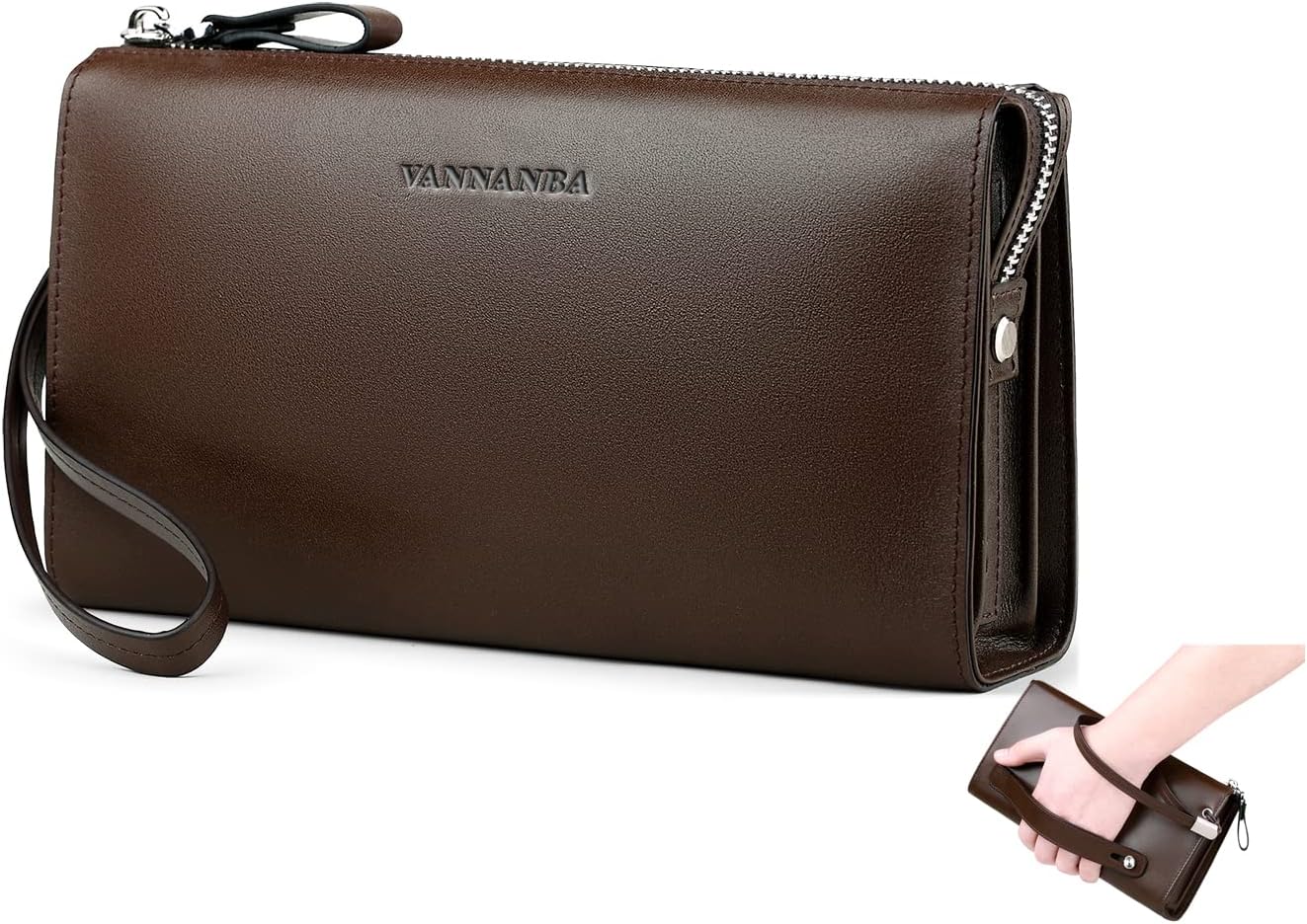 VANNANBA Men’s Genuine Leather Clutch Wallet – Large Zip-Around, Wrist Strap, Roomy Organizer