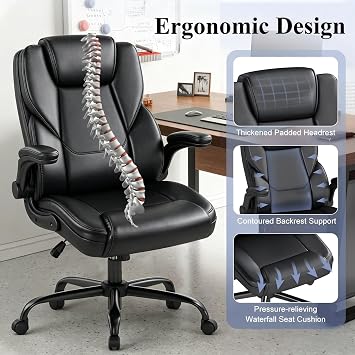 AnyGod Executive Office Chair, Comfy Computer Chair with Flip-Up Armrests | Adjustable Lumbar Support, PU Leather, Swivel Task Chair, Home Office, Wide Seat, 300 lbs Capacity, Height Adjustable