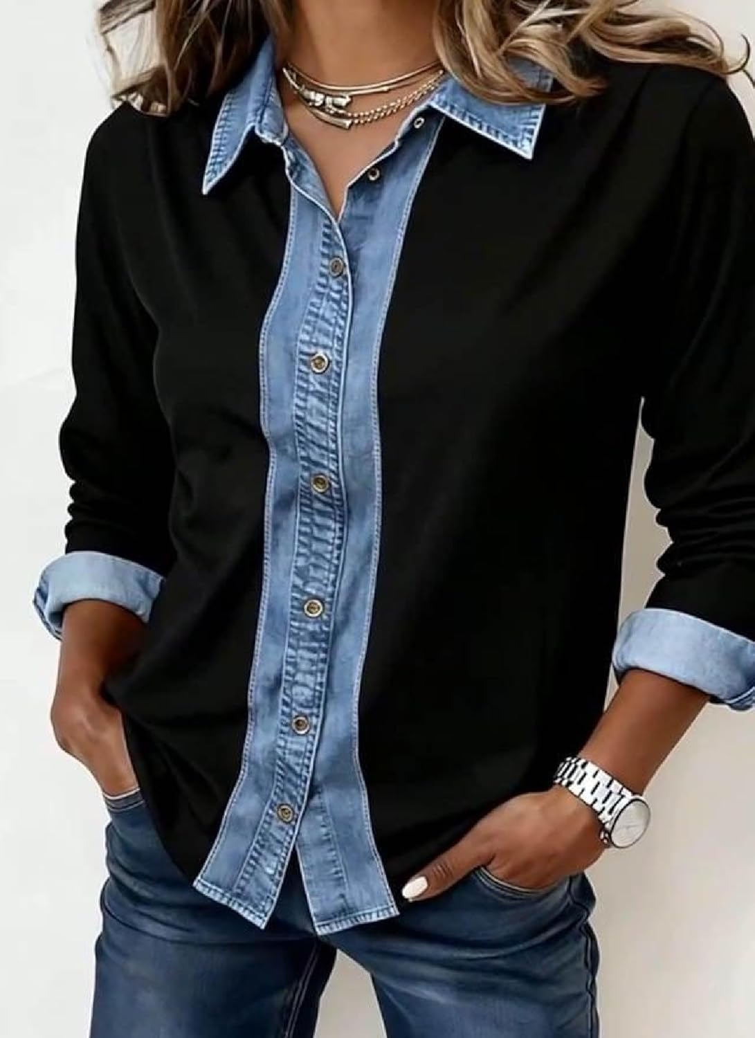 Women's Denim Collar Button Down Shirt 2025 Fall Winter Fashion Casual Long Sleeve Black Going Out Pullover Shirt - Image 3