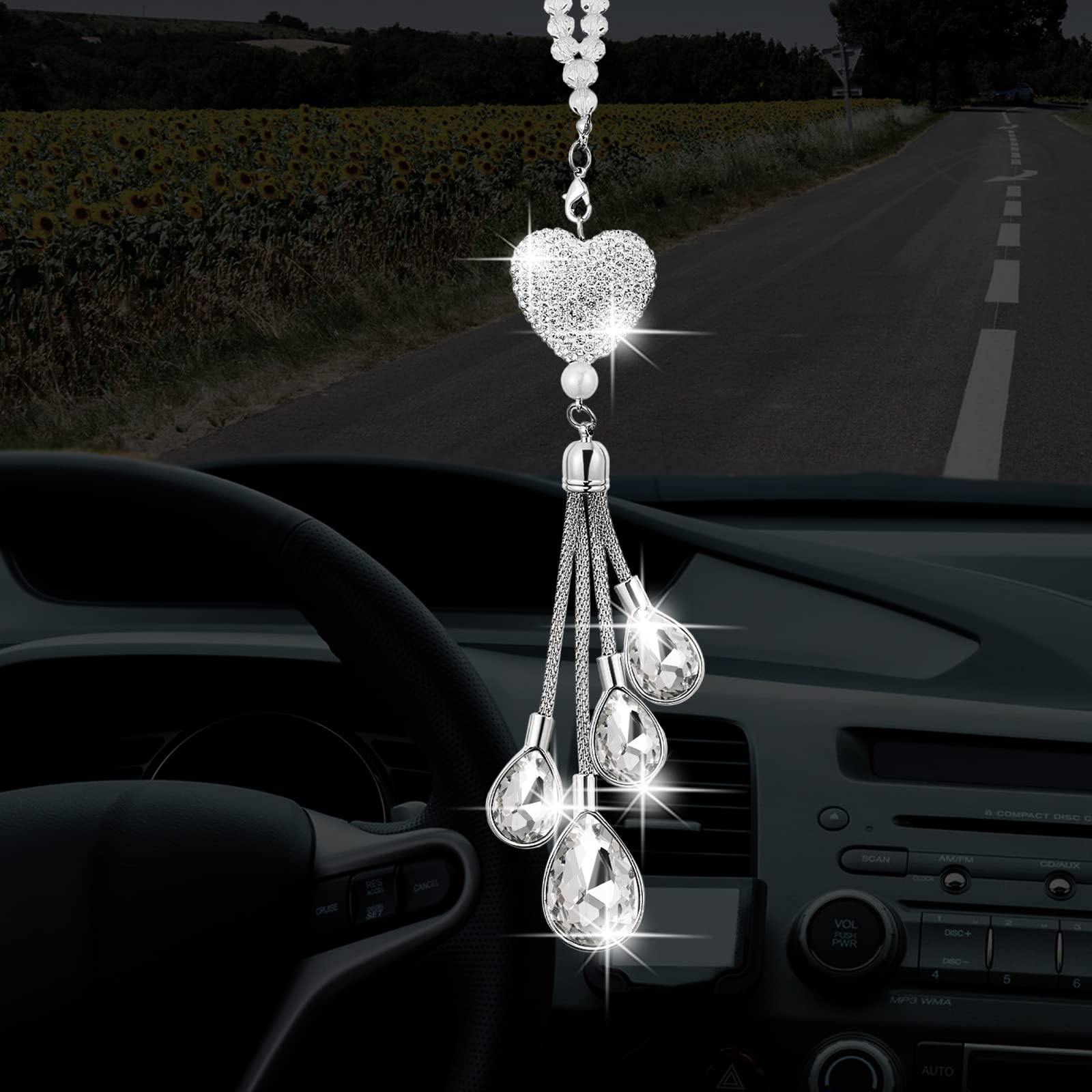 Frienda Bling Car Rear View Mirror Accessories for Women Valentine Cute Heart Crystal Hanging Charm Diamond Decoration Lucky Interior Ornament Pendant Gift(7.5 Inch,White)