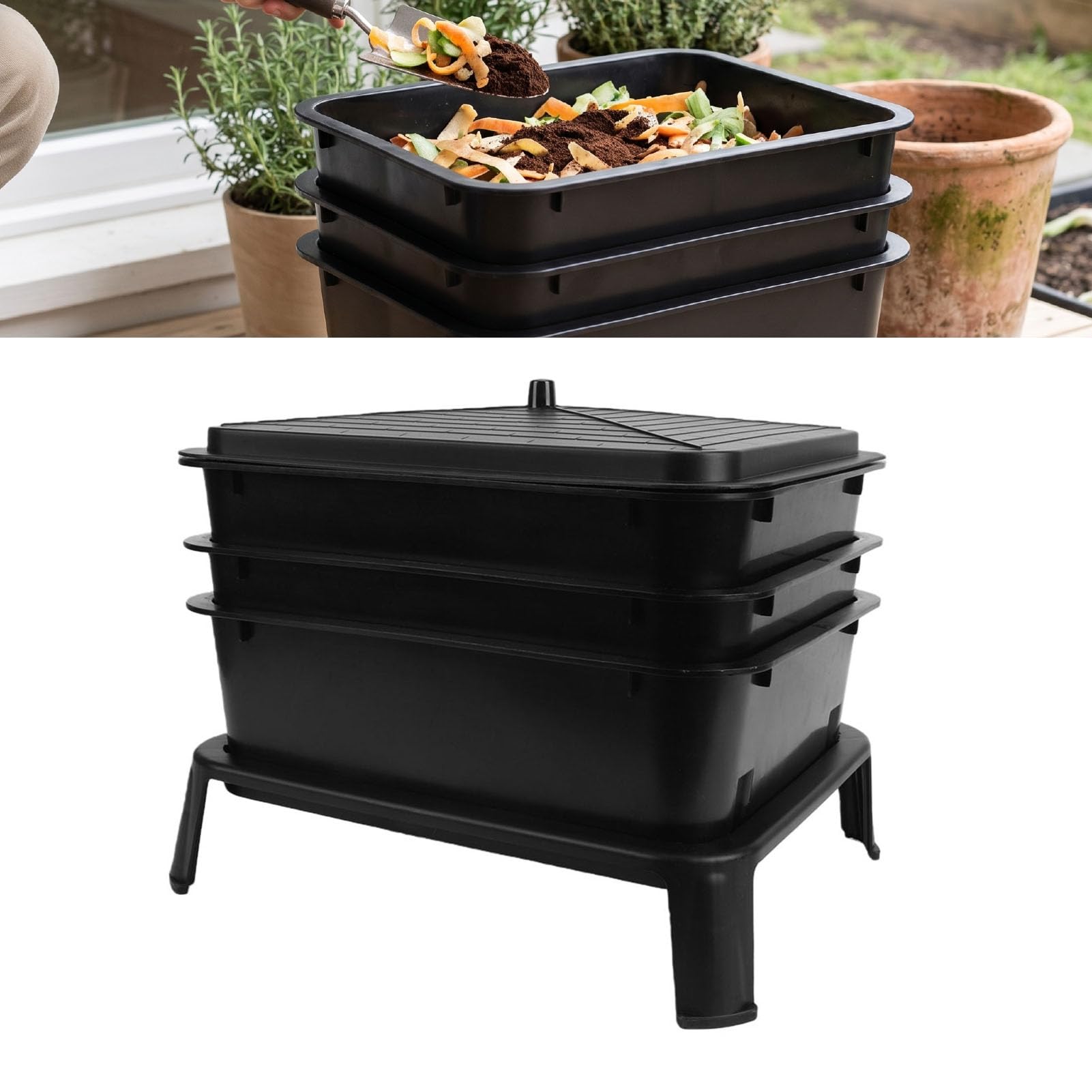 RIZGHWOY Contenedor de Compostaje de Lombrices de Tierra, Contenedor de Granja de Vermicompostador de 3 Capas de Gran Capacidad, Compostaje Interior y Exterior para Residuos de Alimentos