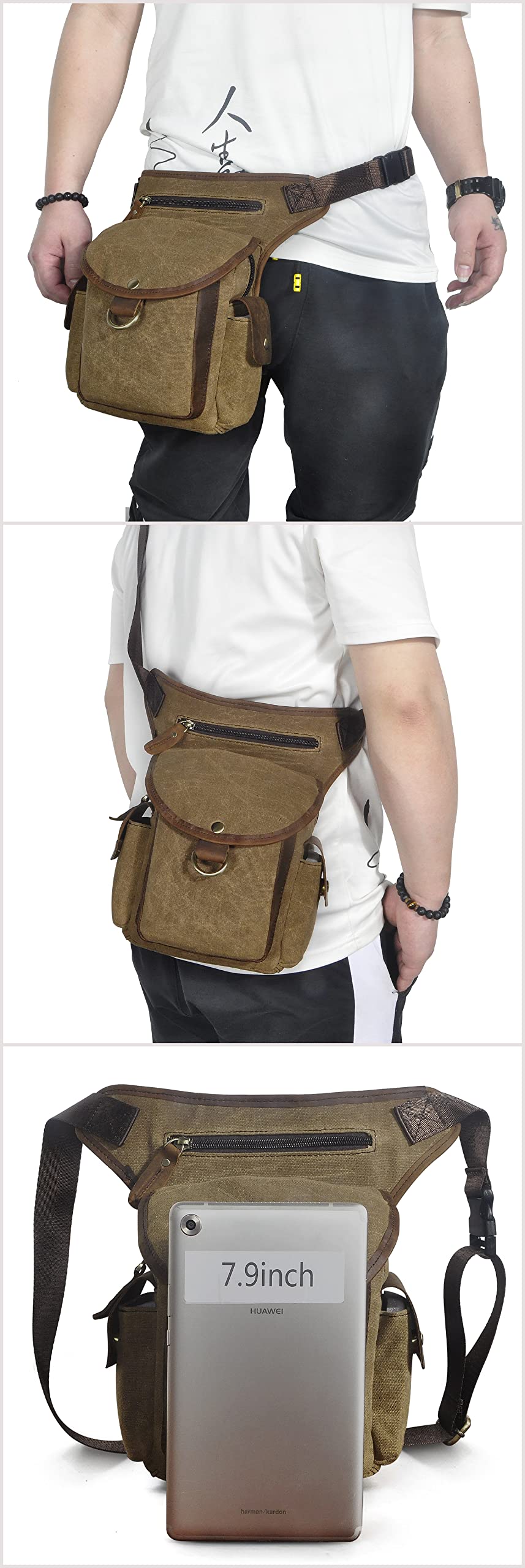 Le'aokuu Men Canvas and Genuine Leather Messenger Waterproof Shoulder Bag Motorcycle Tactic Fanny Belt Waist Bag Pack Pouch Drop Leg Bag 9938(Brown) - Image 4