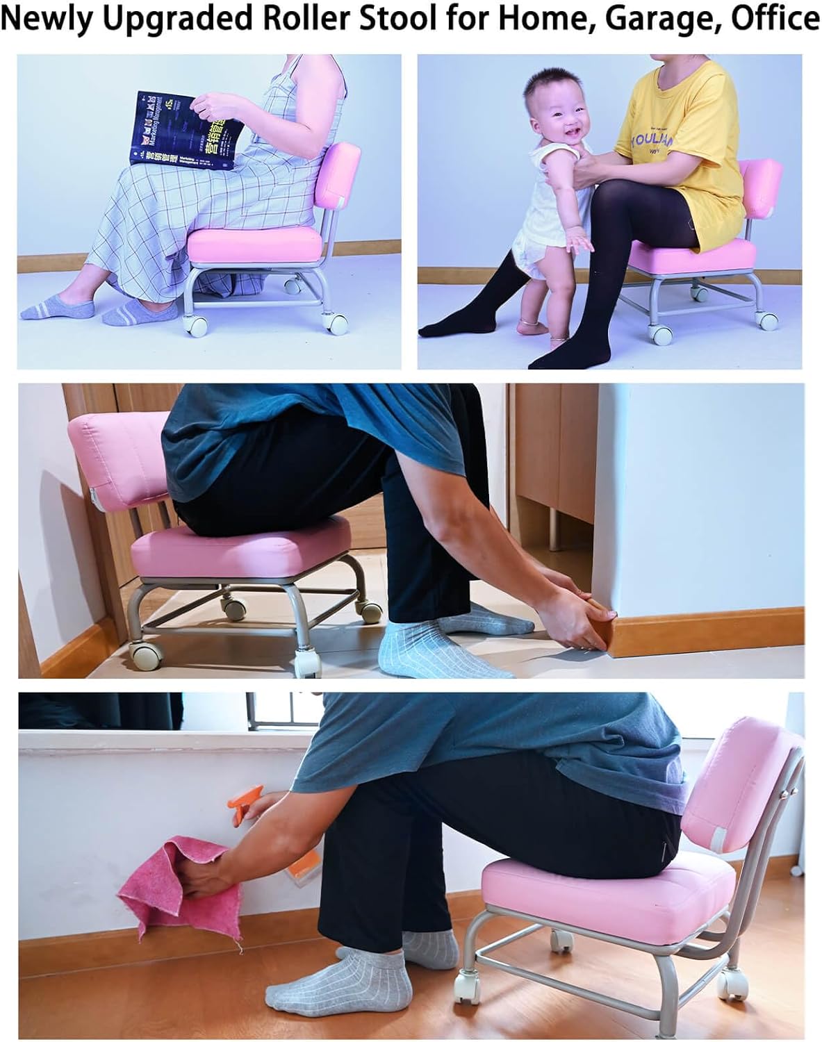 Rolling Stool with Back Rest Roller Chair Heavy Duty Rolling Stools with Wheels for Home Office Garage Mechanic Flooring Cleaning Shop Black