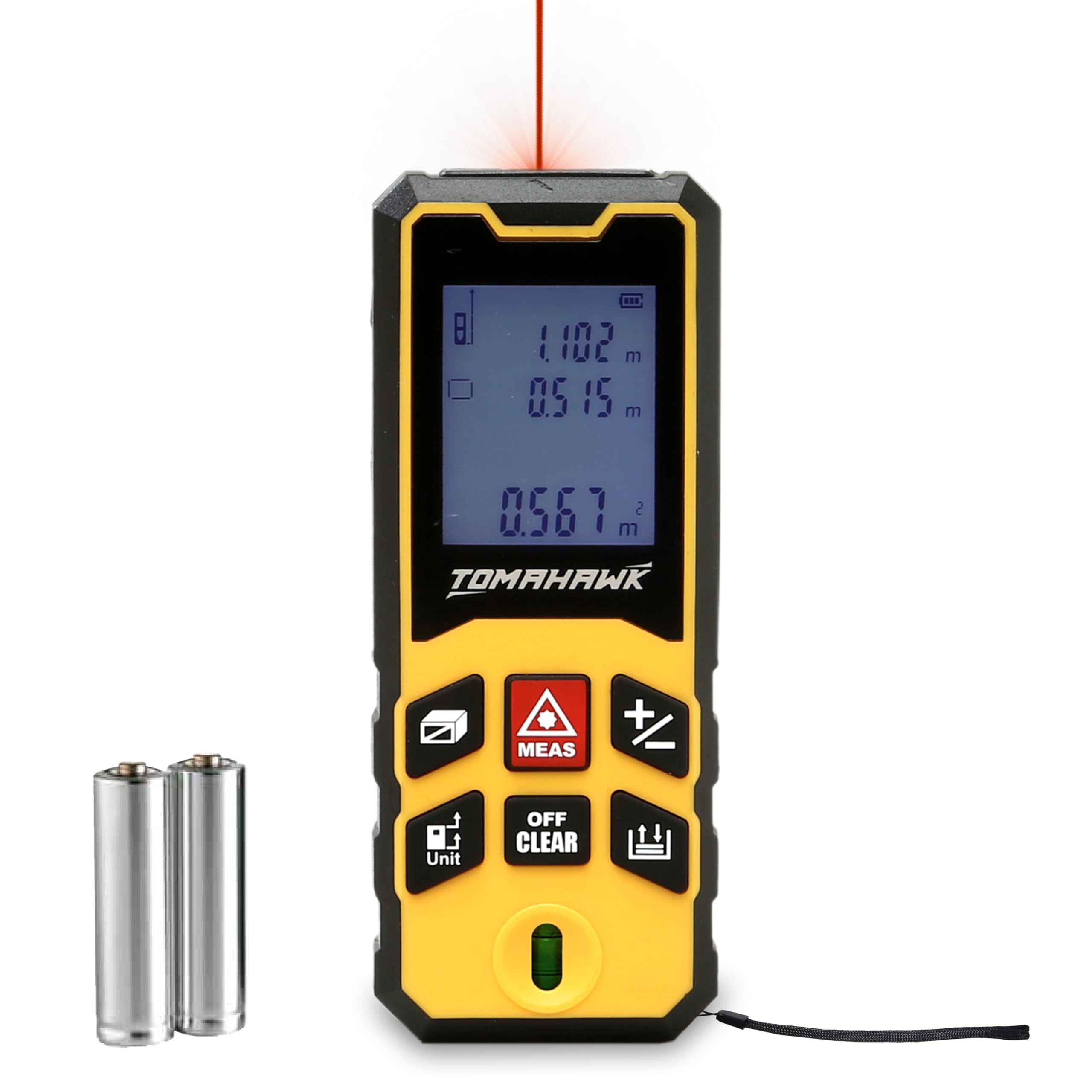 TOMAHAWK® TLM-O-100 Laser Distance Meter MC 100m RL THK | 325ft Range with Area, Volume, Pythagoras Measurement | Laser Class 2 | Water & Dustproof | 2 Line LCD Display with Batteries & Hand Strap
