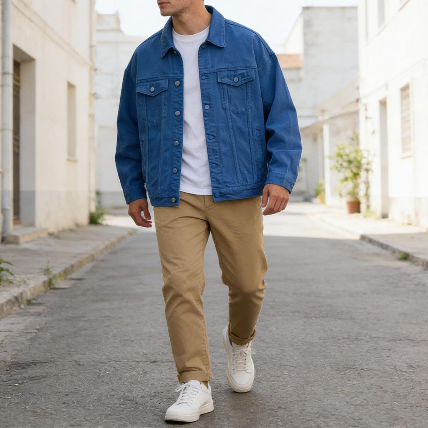 Men Casual Button Lapel Thin Denim Jacket Classic Loose Chest Pocket Jean Coat Spring Fashion Solid Denim Outerwear