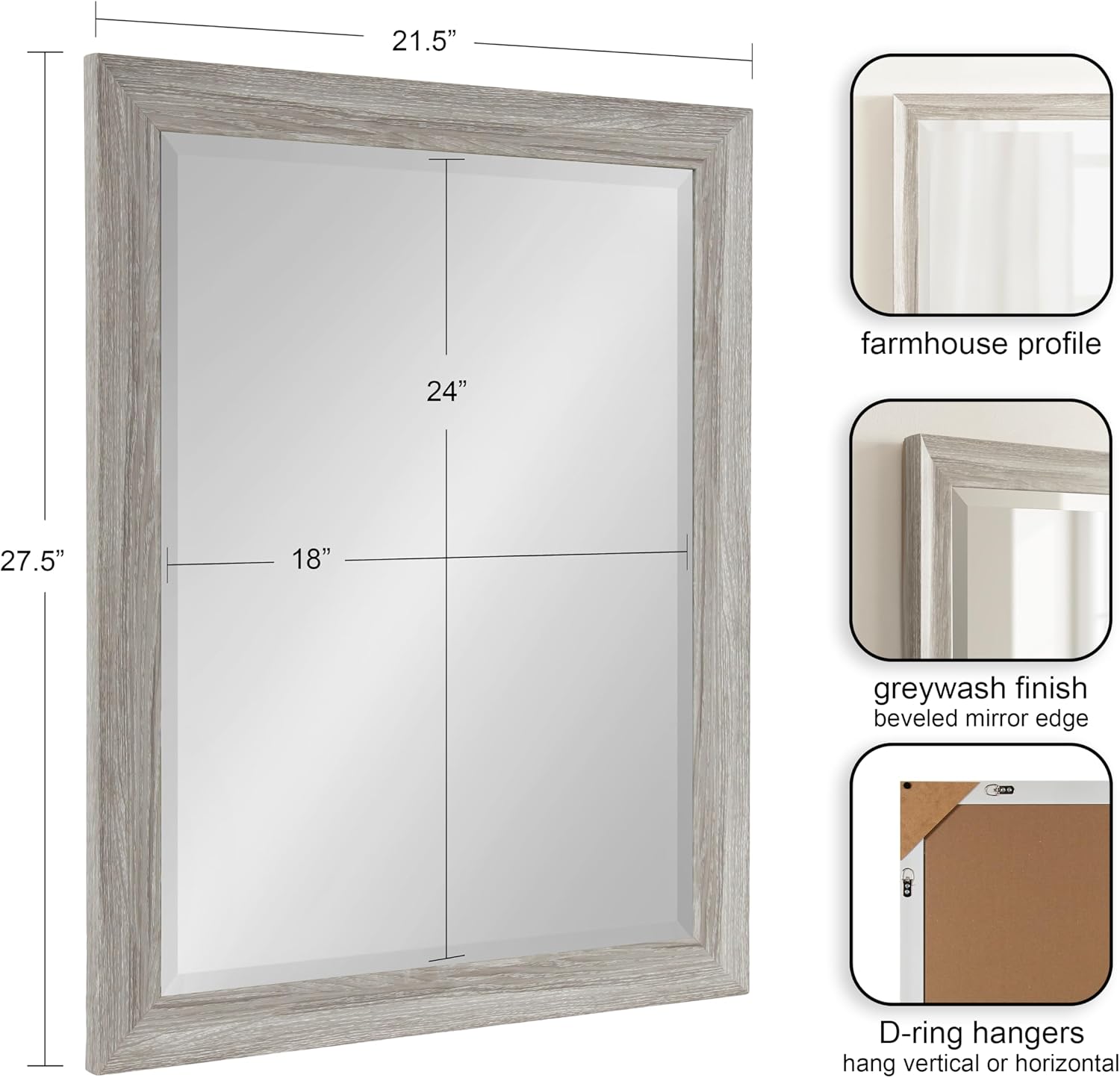 Kate and Laurel Dalphia Traditional Framed Rectangle Bathroom Vanity Mirror, 22 x 28, Greywash, Farmhouse Rectangular Bathroom Mirror for Over Sink or for Use as Entryway or Living Room Decor