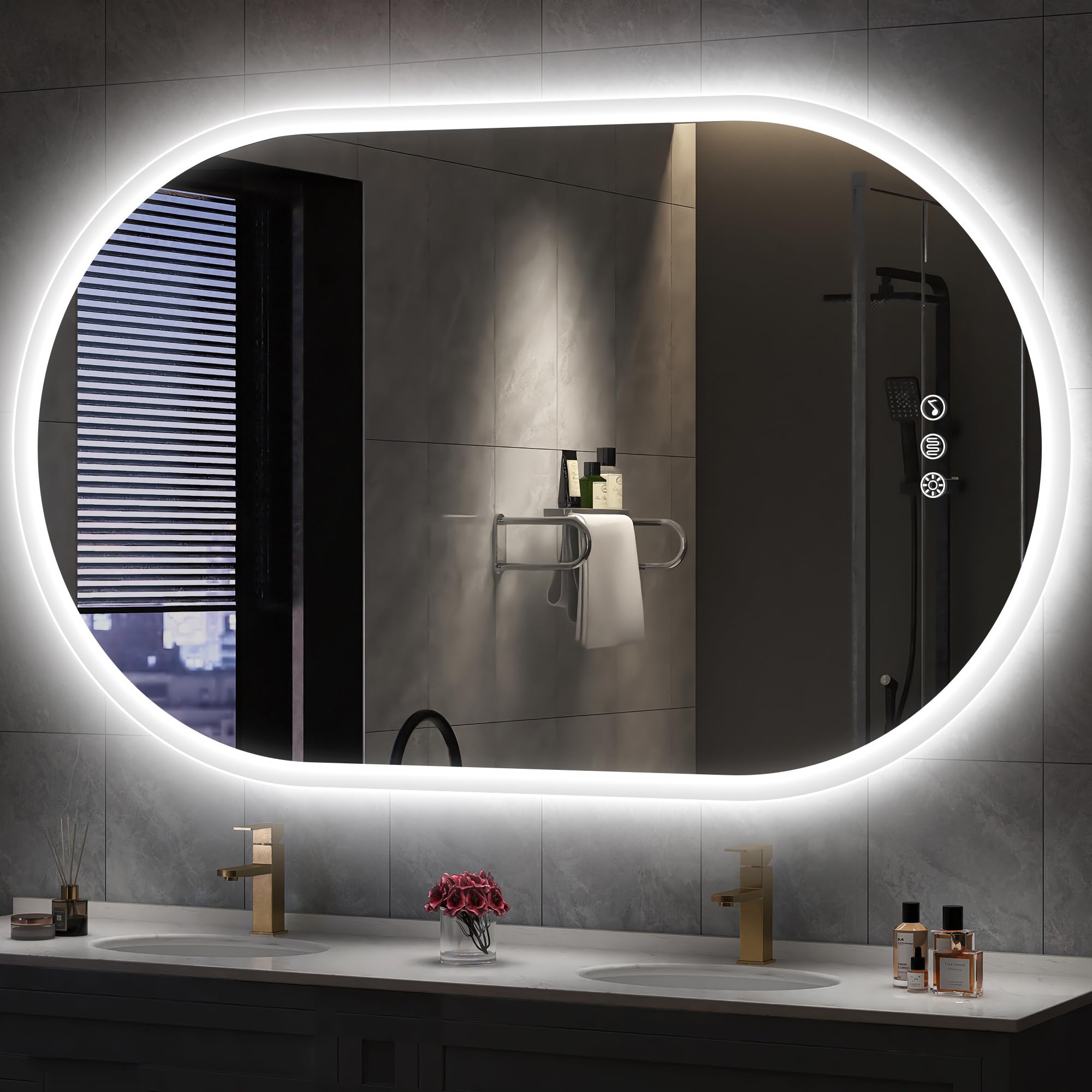 S'bagno Oval Bluetooth Espejo Baño con Luz 60x100cm, Antivaho, Espejos de Baño con Led y Memoria, 3000K/4000K/6500K, Regulable, Cristal Templado HD, IP44 Espejo Baño Led, Horizontal o Vertical