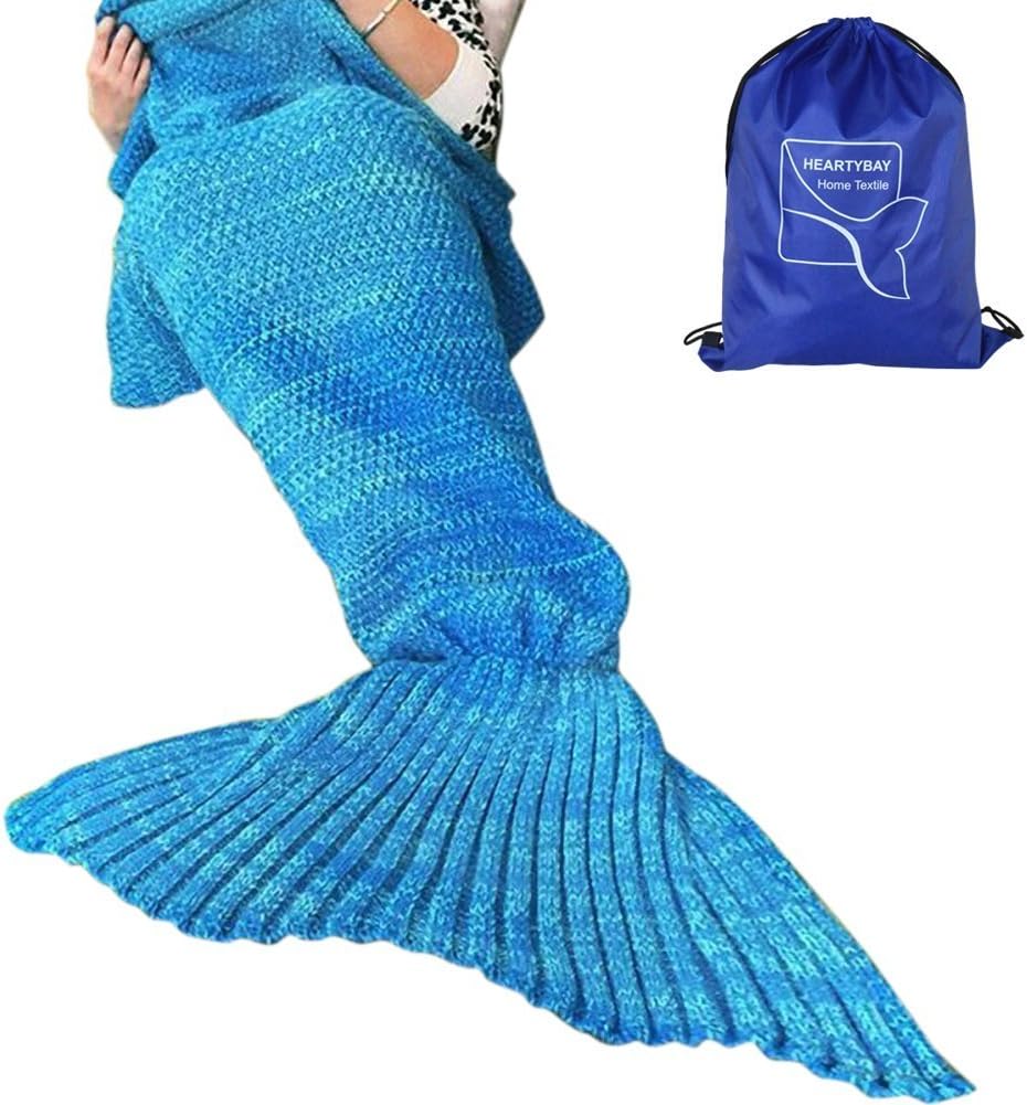 heartybay Crochet Mermaid Tail Blanket for Adult, Super Soft All Seasons Sleeping Mermaid Blanket (71"x35.5") - Blue
