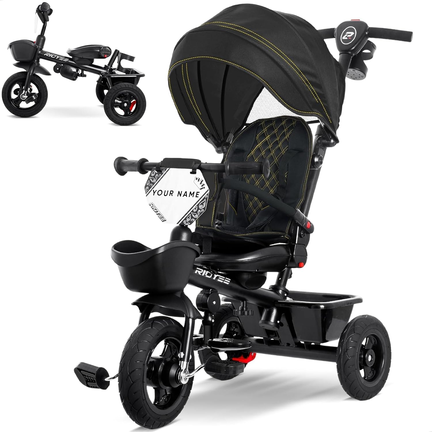 RIDYEE 7-in-1 Tricycle for 18 Months to 5 Years, All-Terrain Rubber Tires, Dual Wheel Brakes, Rotatable Seat for Toddlers 1.5-3, Tricycle for 3-5 Years with DIY Stickers, Black