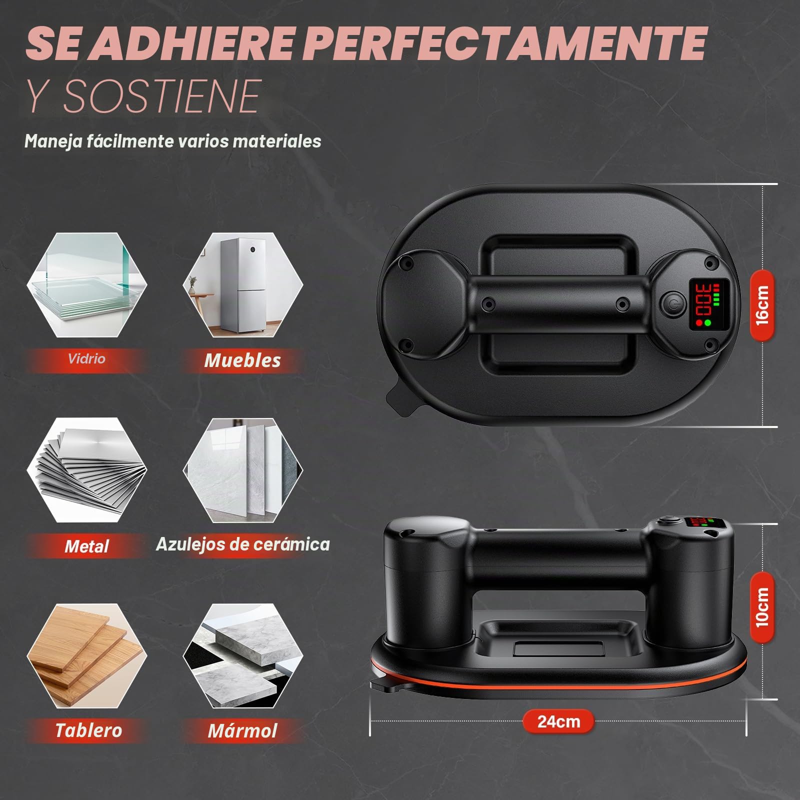 Ventosa para Azulejos Eléctrico, Ventosas para Azulejos 24 cm, Cargas 300KG Batería de Litio 4000mAh Pantalla LCD,Ideal para Levantar Cristales, Mármol, Cerámica y Vidrio -Negro