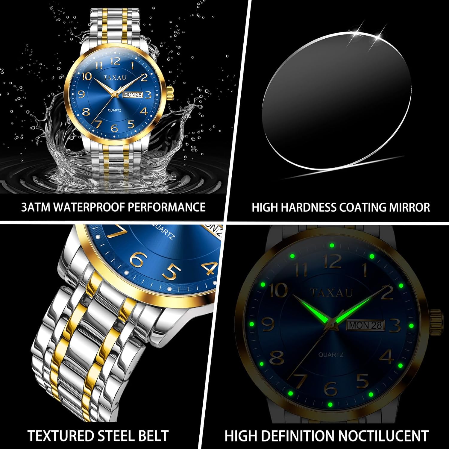 Men’s Dress Watches Waterproof Analog Quartz Watch with Day Date Stainless Steel Band Luxury Large Arabic Numerals Classic Luminous Hands Easy Read, Hidden Butterfly Clasp Relojes para Hombres - Image 4