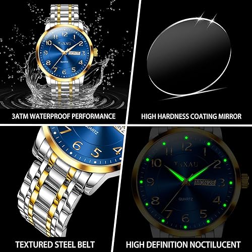 Miniatura 4 de Relojes de vestir para hombre, reloj analógico impermeable con fecha de día, reloj de pulsera de acero inoxidable de lujo con números arábigos