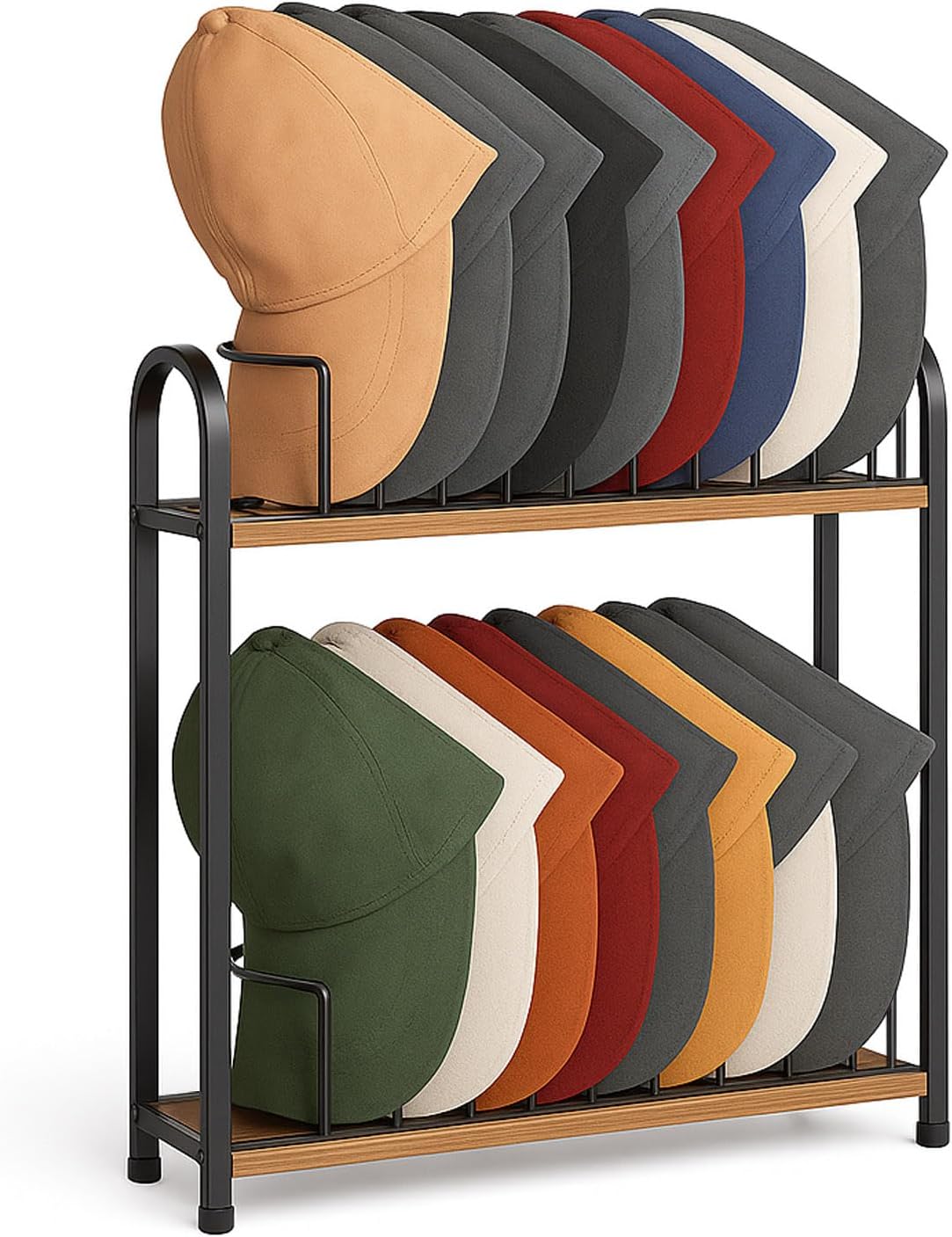 swtymiki hat stand for baseball caps - 2 tier wood & metal removable tabletop hat organizer storage display rack, holds up to 20 caps for desk, closet shelf, dresser (black) black 2 tier