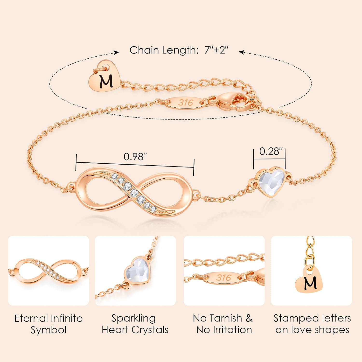 CDE Initial Heart Infinity Bracelets for Women Adjustable Dainty Letter Alphabet Charm Jewelry Birthday Gifts for Women Her Girlfriend Mom Wife