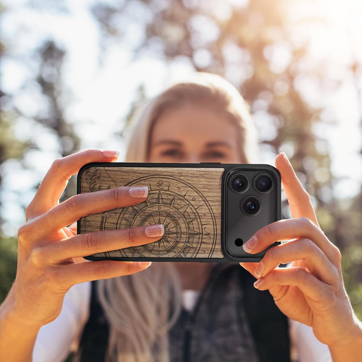 Carveit Magnetic Wooden Case for iPhone 17 Pro Case, Wood Artisan Engraved & Black Soft TPU Shockproof Cover, Compatible with MagSafe Wireless Chargers (The Compass and The Wave) Walnut