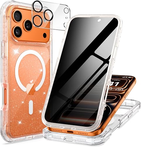 seacosmo Glitter - Funda para iPhone 17 Pro Privacy magnética, compatible con Magsafe, antiespía, pantalla integrada de cristal templado, protección de cámara, funda 360 grados antichoque frontal y